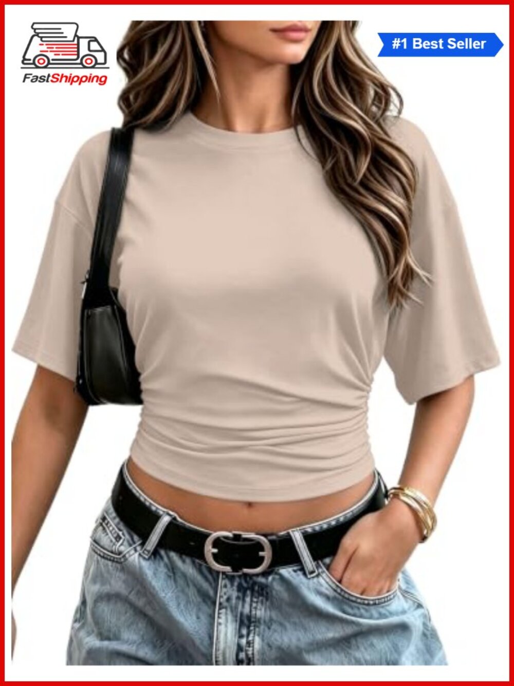 ✨Sampeel Crop Summer Top Batwing Short Sleeve Ruched Waist Slim Fitted Basic